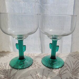Set Of 2 Cactus Stem Margarita Glasses 10 Oz Green & Clear Glass